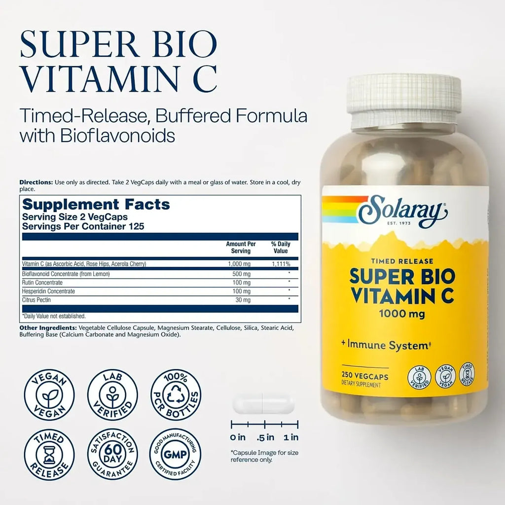 Solaray Super Bio Vitamina C 1000 mg / 250 Cápsulas Vegetales | Apoyo al sistema inmunitario y protección antioxidante | Liberación prolongada en dos etapas | Con escaramujo, acerola y bioflavonoides | Fórmula vegana | Suplemento alimenticio