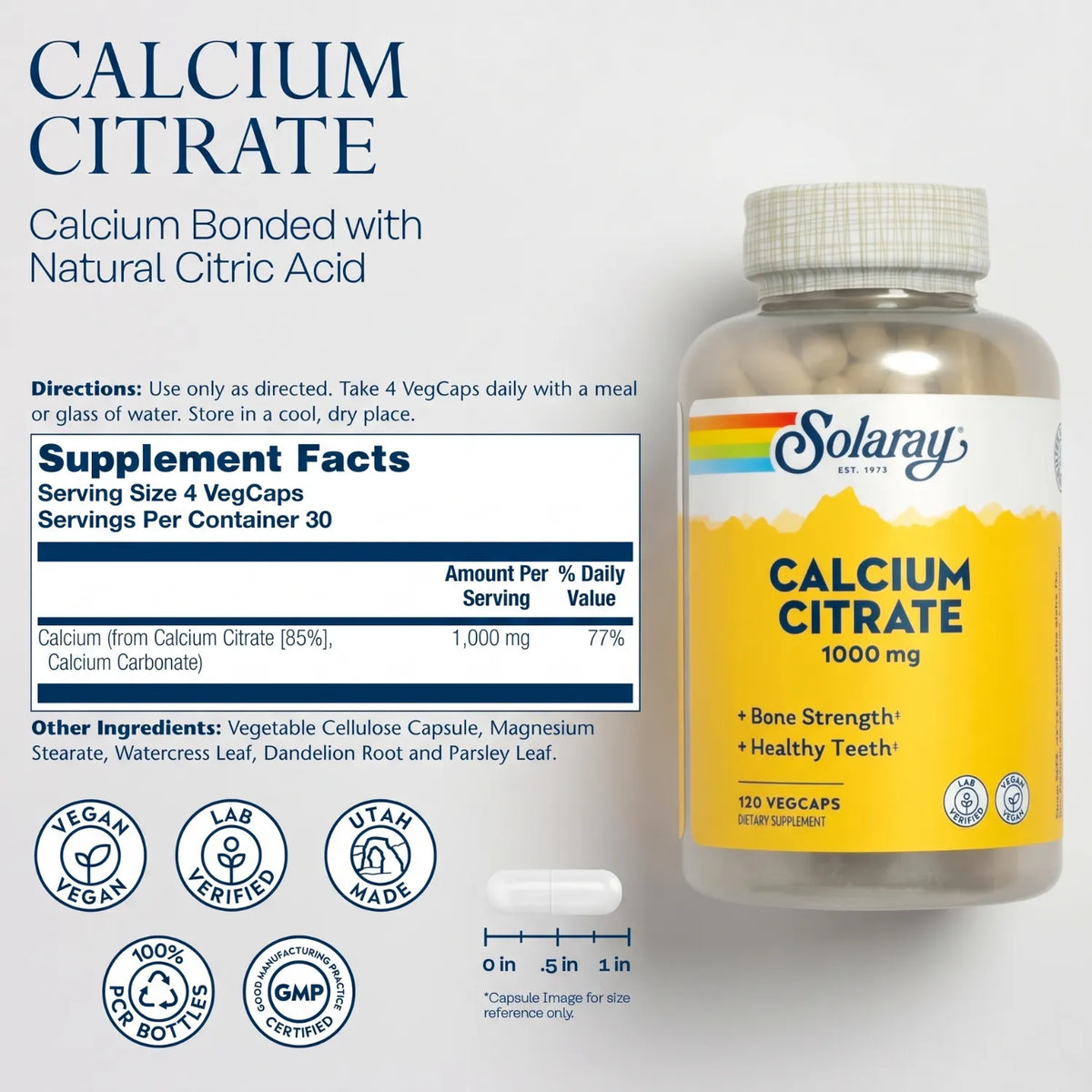 Solaray Citrato de Calcio 1000 mg / 120 Cápsulas Vegetales | Apoyo para huesos y dientes | 1000 mg de calcio por porción | Con citrato de calcio y mezcla herbal | Fórmula vegana | Suplemento alimenticio