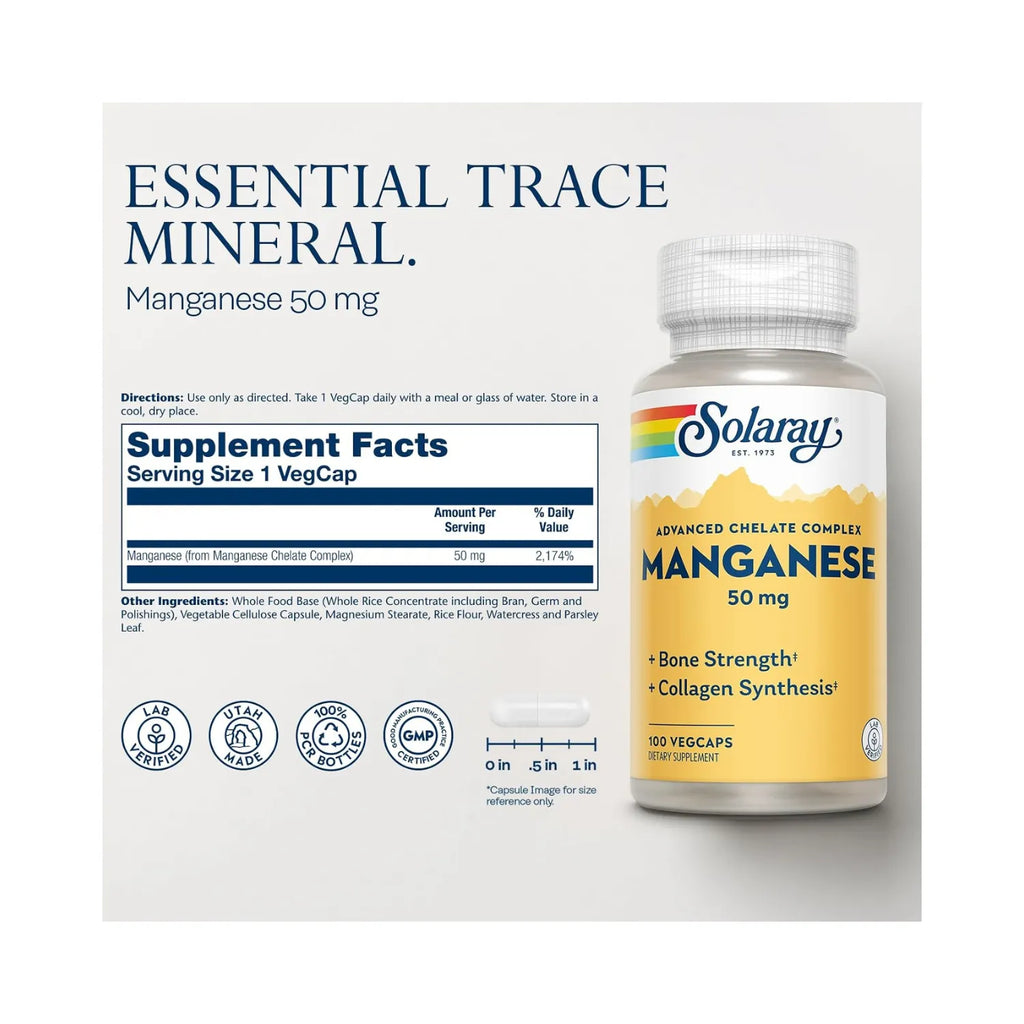 Solaray Manganese 50 mg | Manganeso Quelado | Apoyo Óseo y Formación de Colágeno | 100 VegCaps