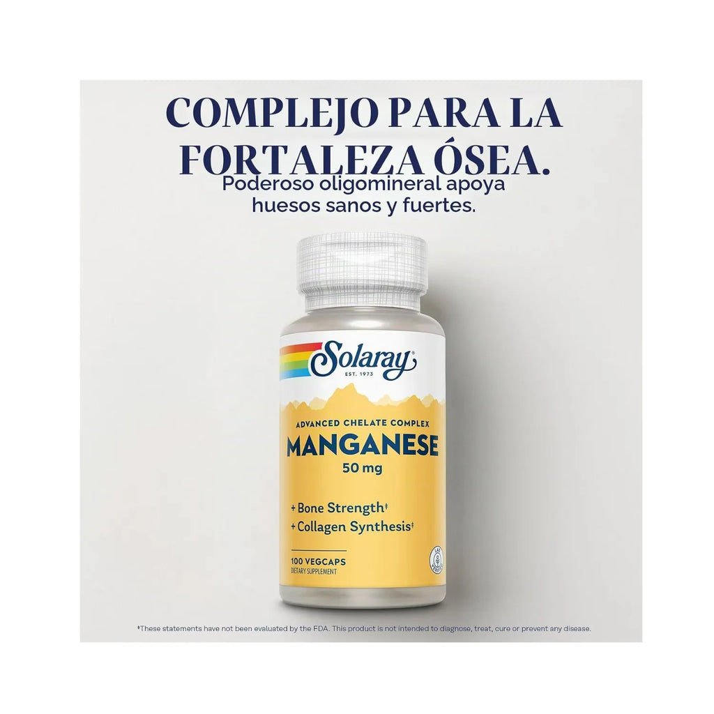 Solaray Manganese 50 mg | Manganeso Quelado | Apoyo Óseo y Formación de Colágeno | 100 VegCaps