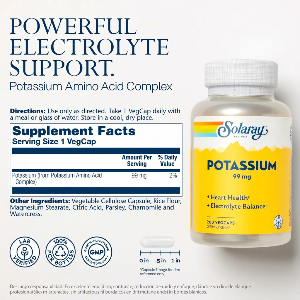Solaray Potasio 99 mg | 200 Cápsulas Vegetales | Equilibrio de electrolitos y función muscular | Complejo de aminoácidos de potasio | Suplemento alimenticio