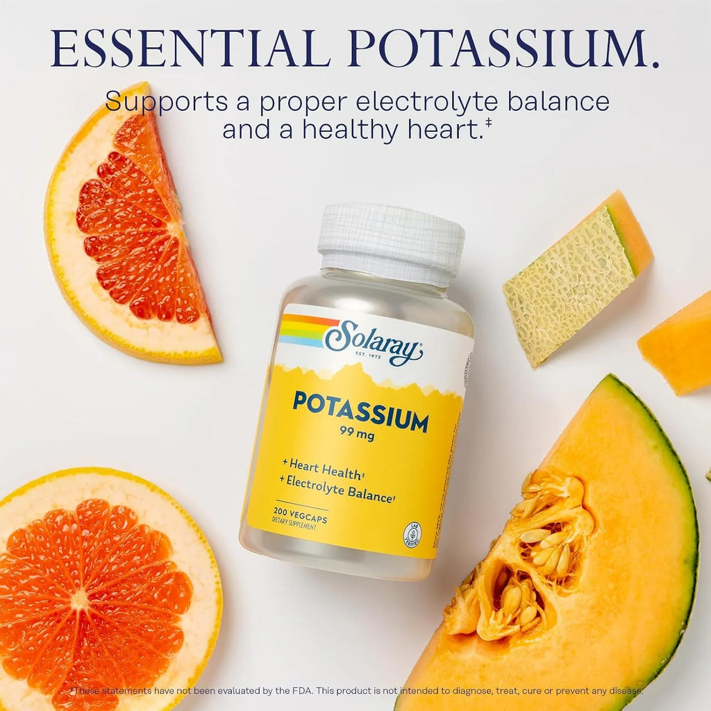 Solaray Potasio 99 mg | 200 Cápsulas Vegetales | Equilibrio de electrolitos y función muscular | Complejo de aminoácidos de potasio | Suplemento alimenticio