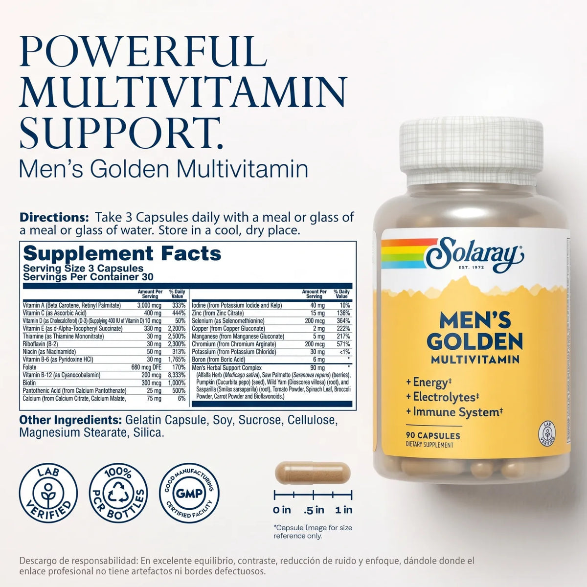 Solaray Multivitamínico Dorado para Hombres 90 Cápsulas | Apoyo nutricional diario y bienestar masculino | Con vitaminas, minerales y complejo herbal para hombres | 3 cápsulas al día | Suplemento alimenticio