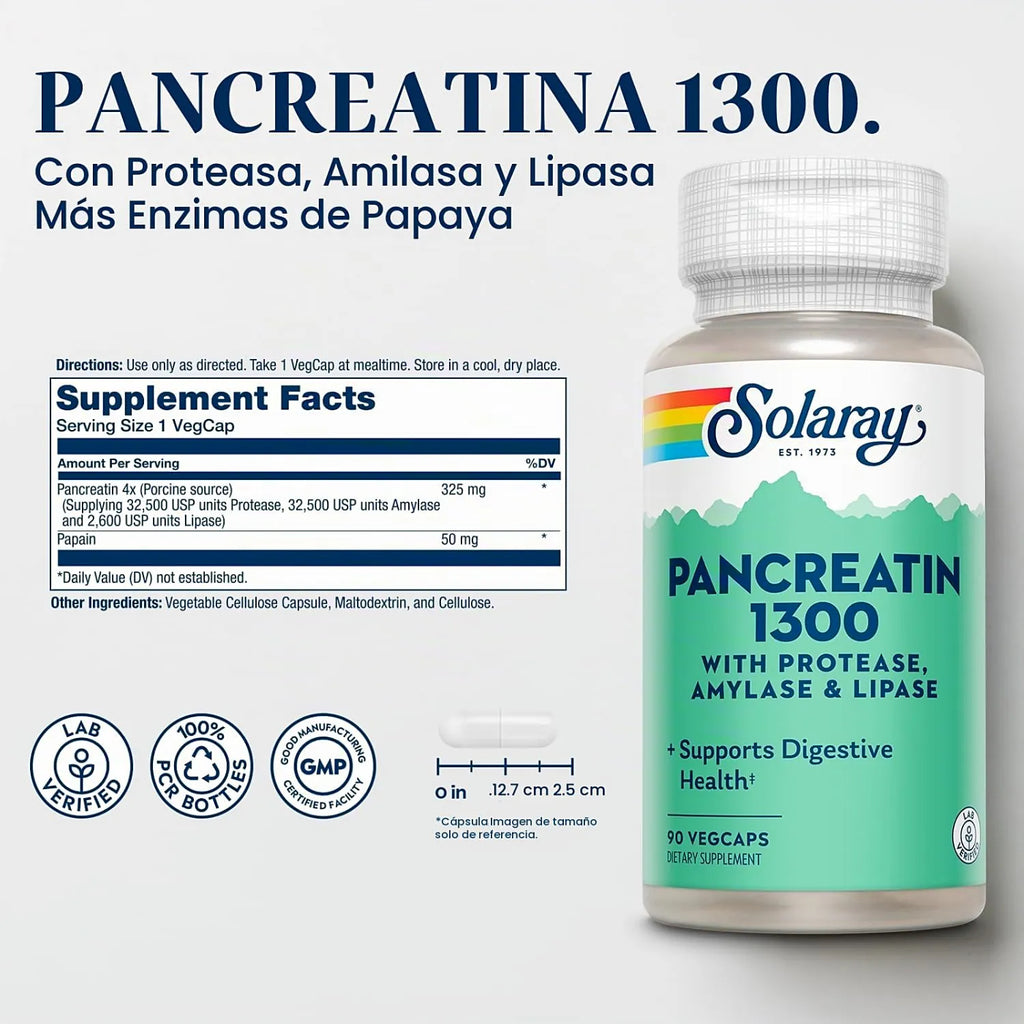 Solaray Pancreatina 1300 90 Cápsulas Vegetales | Enzimas digestivas para proteínas, carbohidratos y grasas | Con proteasa, amilasa y lipasa | 1300 mg de actividad enzimática por cápsula | Suplemento alimenticio