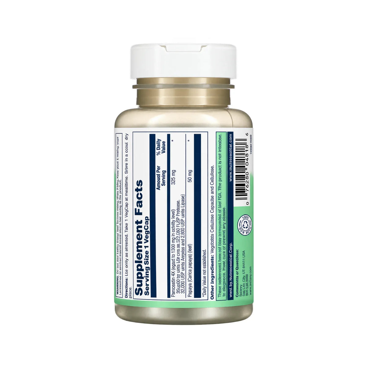 Solaray Pancreatina 1300 90 Cápsulas Vegetales | Enzimas digestivas para proteínas, carbohidratos y grasas | Con proteasa, amilasa y lipasa | 1300 mg de actividad enzimática por cápsula | Suplemento alimenticio