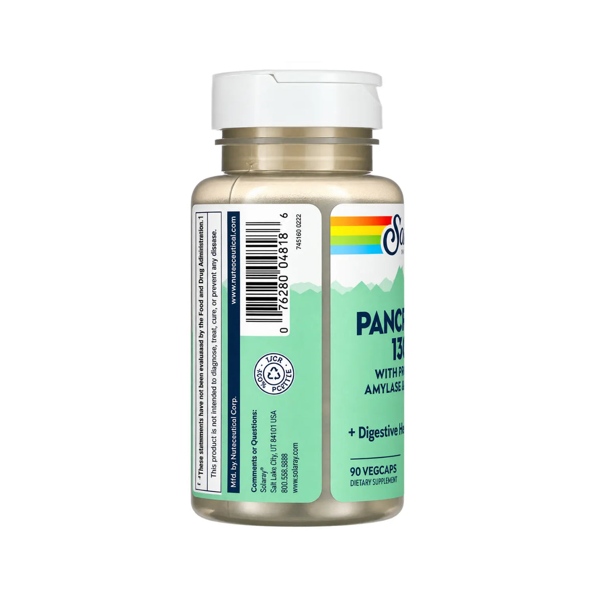 Solaray Pancreatina 1300 90 Cápsulas Vegetales | Enzimas digestivas para proteínas, carbohidratos y grasas | Con proteasa, amilasa y lipasa | 1300 mg de actividad enzimática por cápsula | Suplemento alimenticio