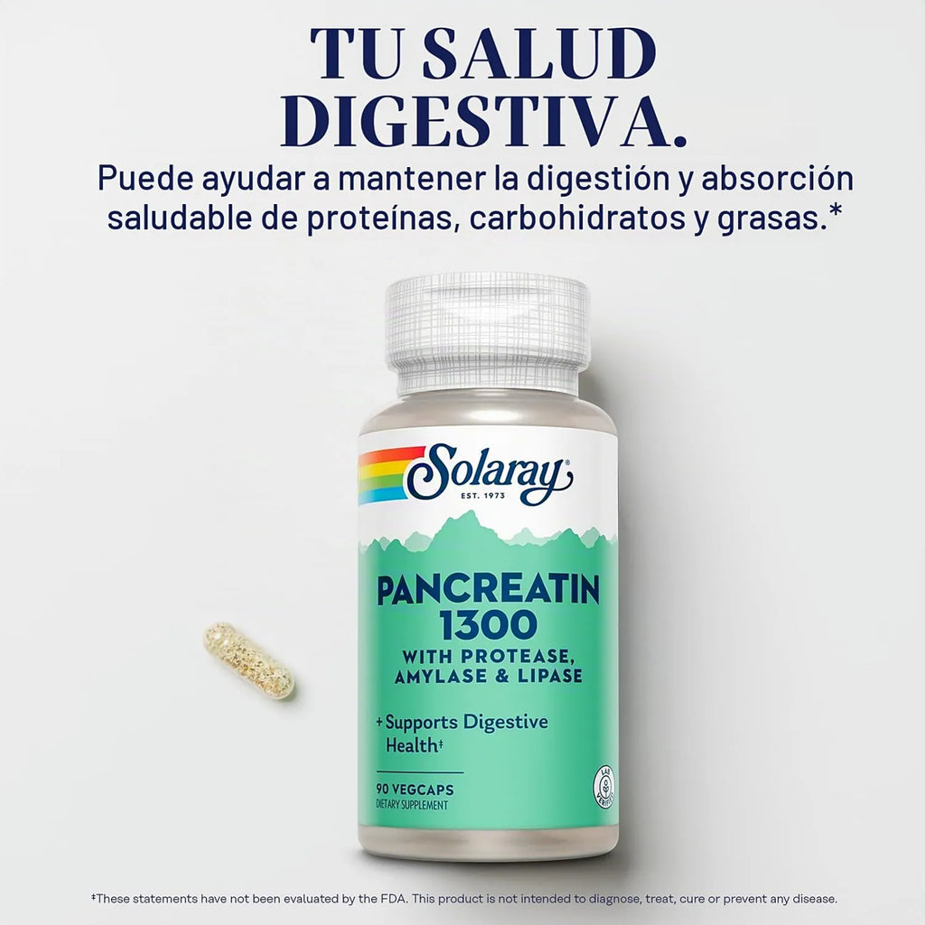 Solaray Pancreatina 1300 90 Cápsulas Vegetales | Enzimas digestivas para proteínas, carbohidratos y grasas | Con proteasa, amilasa y lipasa | 1300 mg de actividad enzimática por cápsula | Suplemento alimenticio