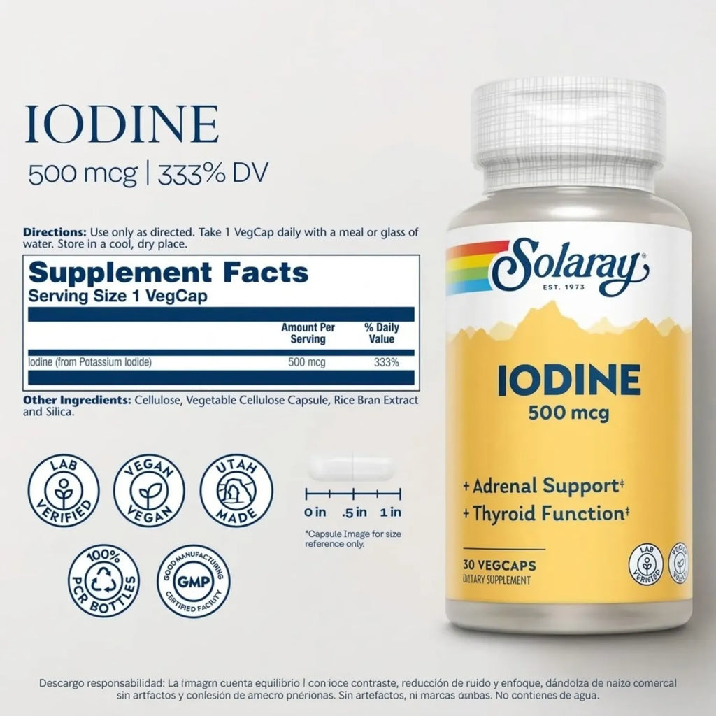 Solaray Yodo 500 mcg 30 Cápsulas Vegetales | Apoyo a la función tiroidea y metabolismo | Yodo como yoduro de potasio | 500 mcg por cápsula | Suplemento alimenticio