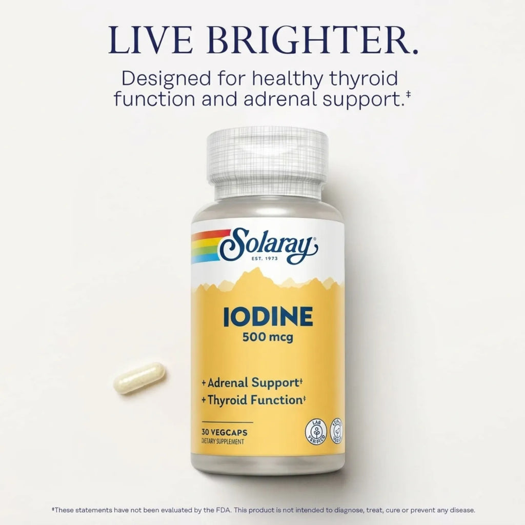 Solaray Yodo 500 mcg 30 Cápsulas Vegetales | Apoyo a la función tiroidea y metabolismo | Yodo como yoduro de potasio | 500 mcg por cápsula | Suplemento alimenticio
