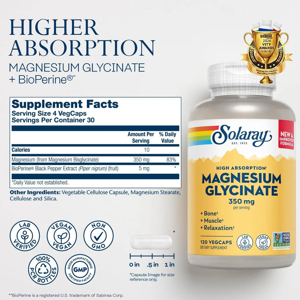 Solaray, Glicinato de magnesio de alta absorcion 350mg 120 capsulas