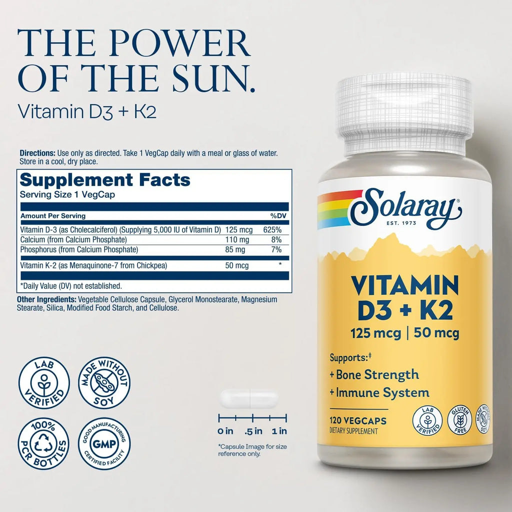 Solaray, Vitaminas D3 Y K2, Sin Soya, 120 Cápsulas Sfn