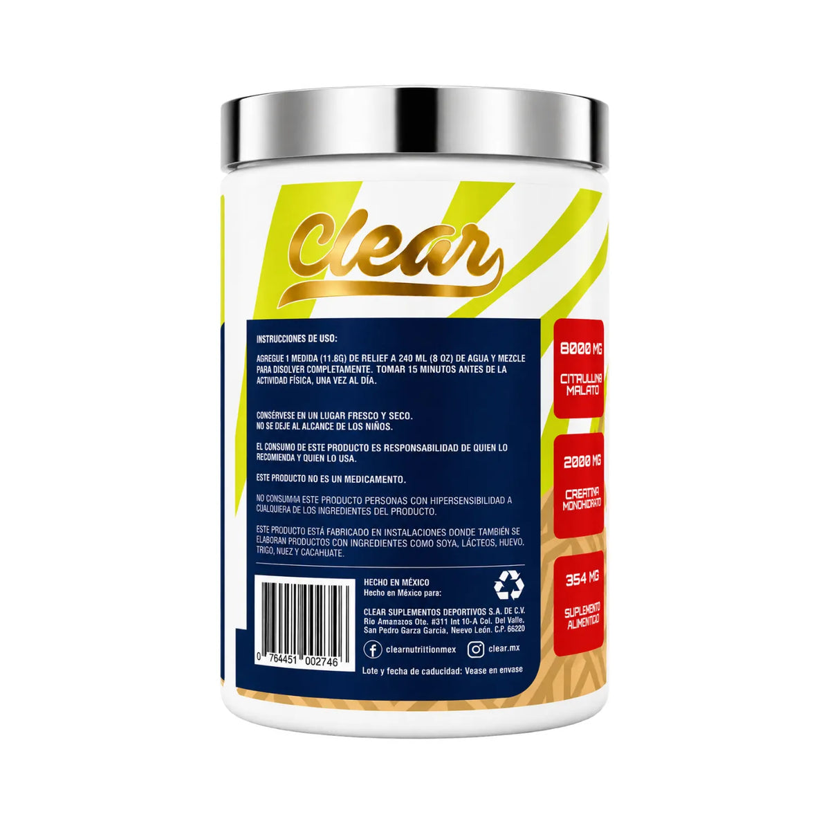 Clear Nutrition Relief 2.0 Pre Entreno Limón 354 g / 30 Servicios | Energía y enfoque para entrenamiento | Con aminoácidos y electrolitos | Fórmula para rendimiento deportivo | Suplemento alimenticio