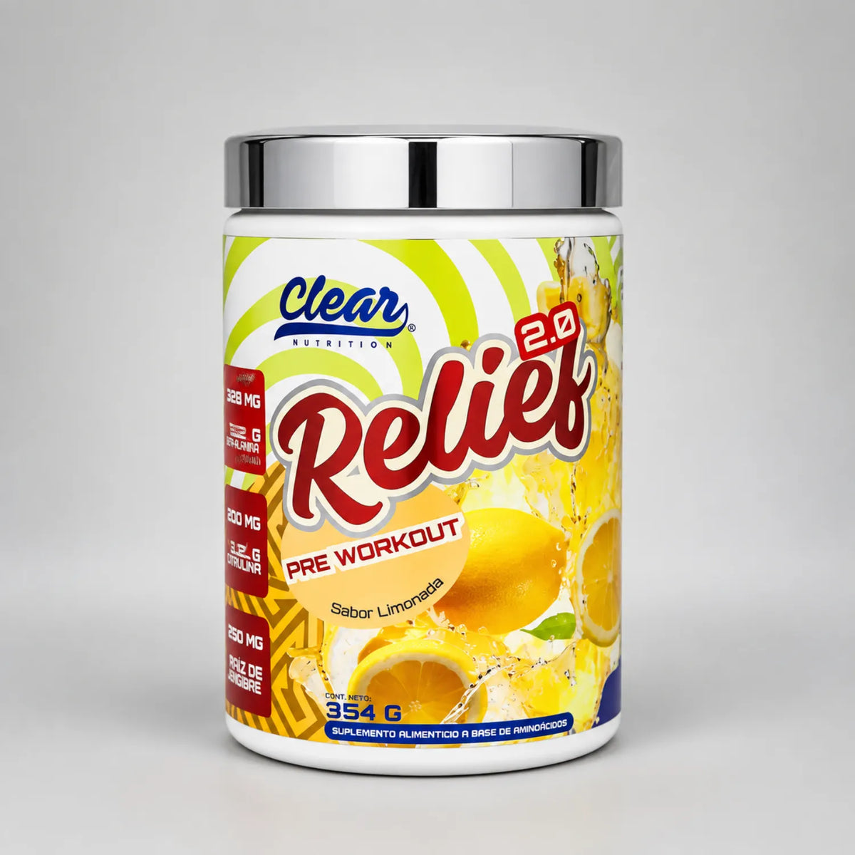 Clear Nutrition Relief 2.0 Pre Entreno Limón 354 g / 30 Servicios | Energía y enfoque para entrenamiento | Con aminoácidos y electrolitos | Fórmula para rendimiento deportivo | Suplemento alimenticio