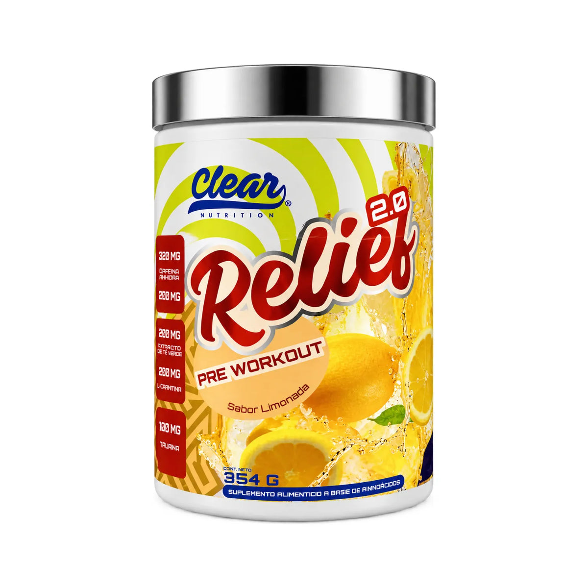 Clear Nutrition Relief 2.0 Pre Entreno Limón 354 g / 30 Servicios | Energía y enfoque para entrenamiento | Con aminoácidos y electrolitos | Fórmula para rendimiento deportivo | Suplemento alimenticio