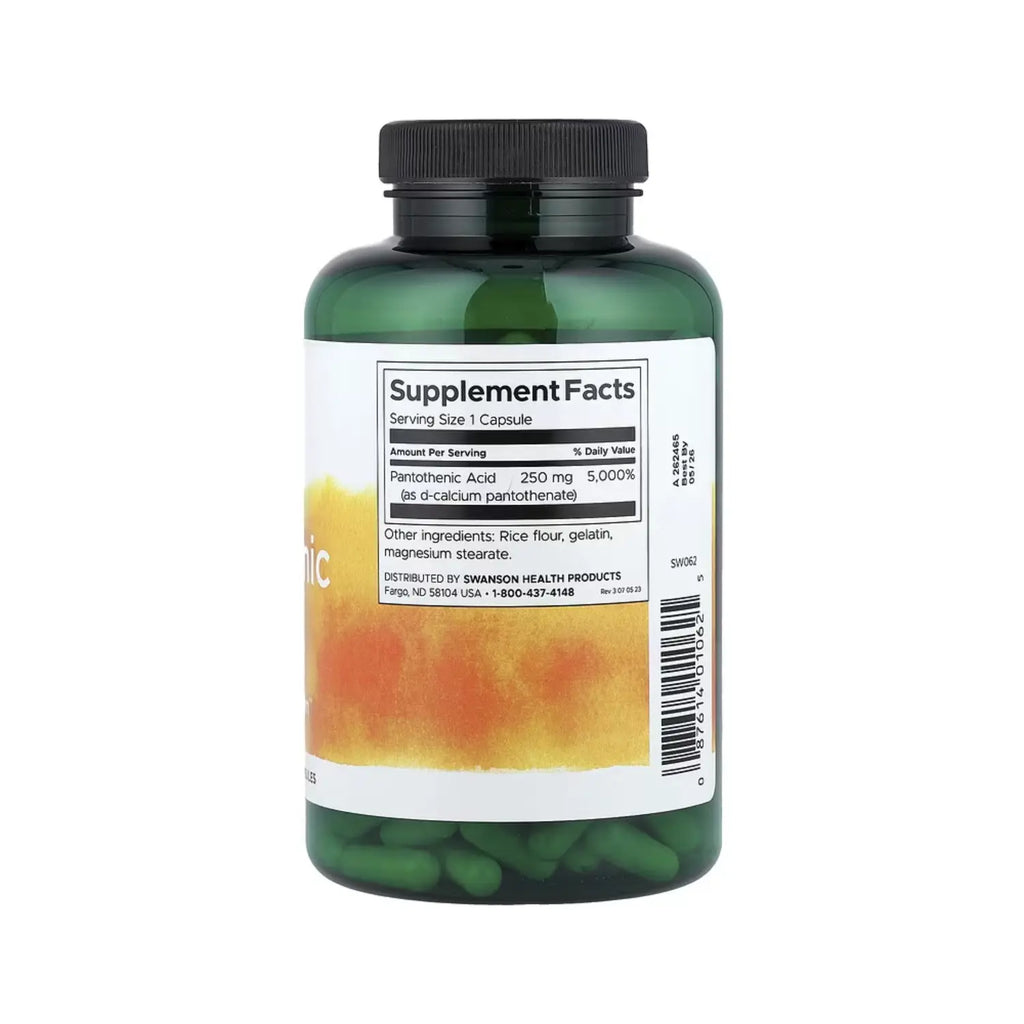 Swanson Ácido Pantoténico, Energía Y Metabolismo 250 Mg, 250 Cápsulas