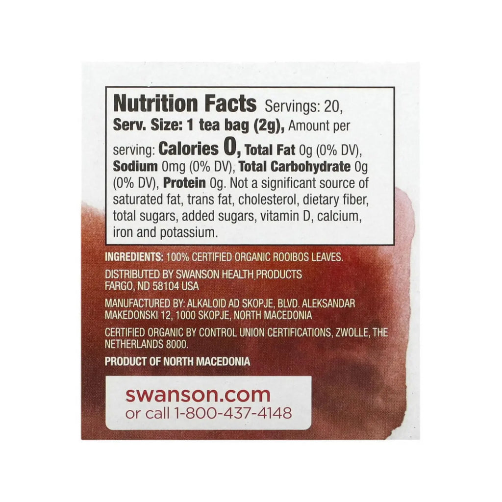 SWANSON TÉ ROJO ROOIBOS SIN CAFEÍNA 20 BOLSITAS DE 40G SFN