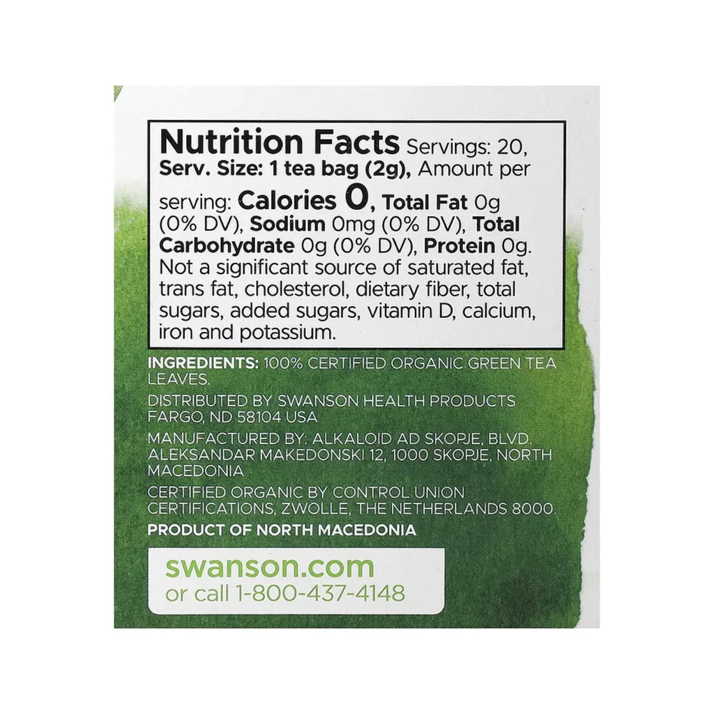 SWANSON TÉ VERDE ORGÁNICO 20 BOLSITAS DE 40G (1,4 OZ) SFN