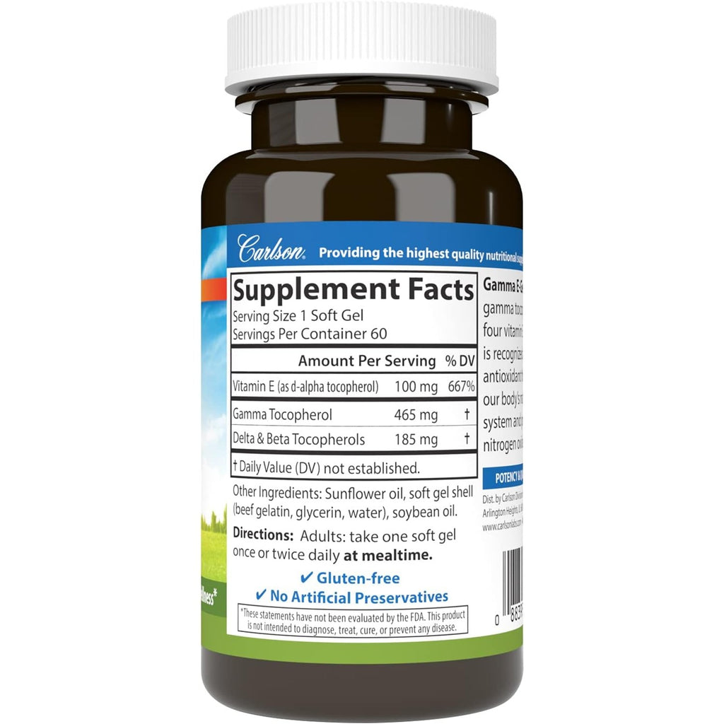 Carlson Labs Gamma E Gems Gamma Tocoferol 465 mg 60 Cápsulas Blandas