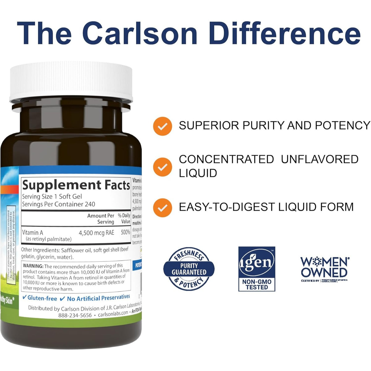 Carlson Labs Vitamina A 15,000 UI (4500 mcg RAE) 240 Cápsulas Blandas