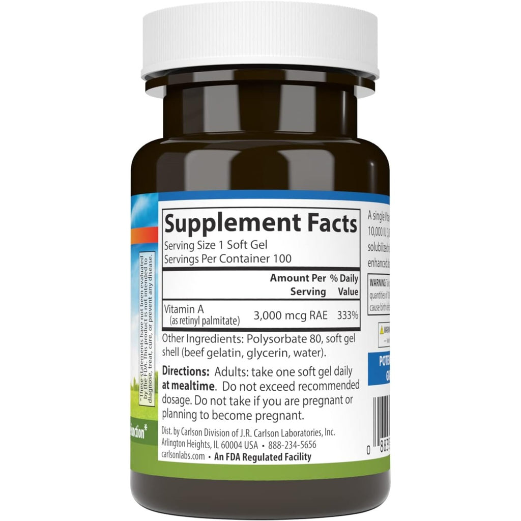 Carlson Labs Vitamina A Solubilizada 10,000 UI (3000 mcg RAE) 100 Cápsulas Blandas