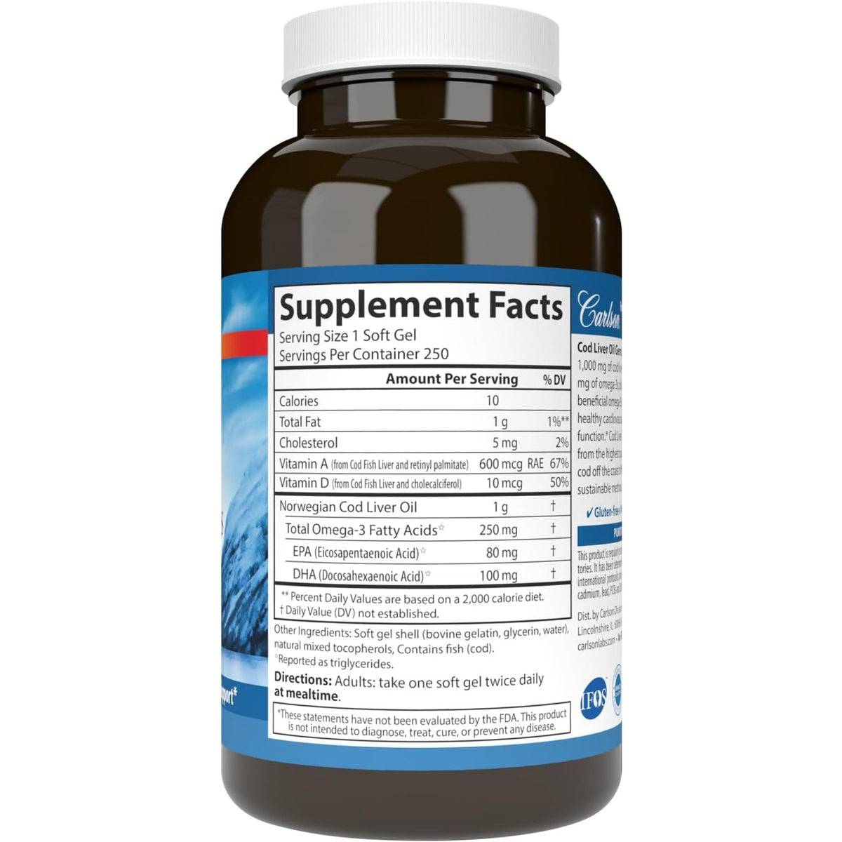 Carlson Labs Aceite de Hígado de Bacalao Super 1000 mg 250 Cápsulas Blandas