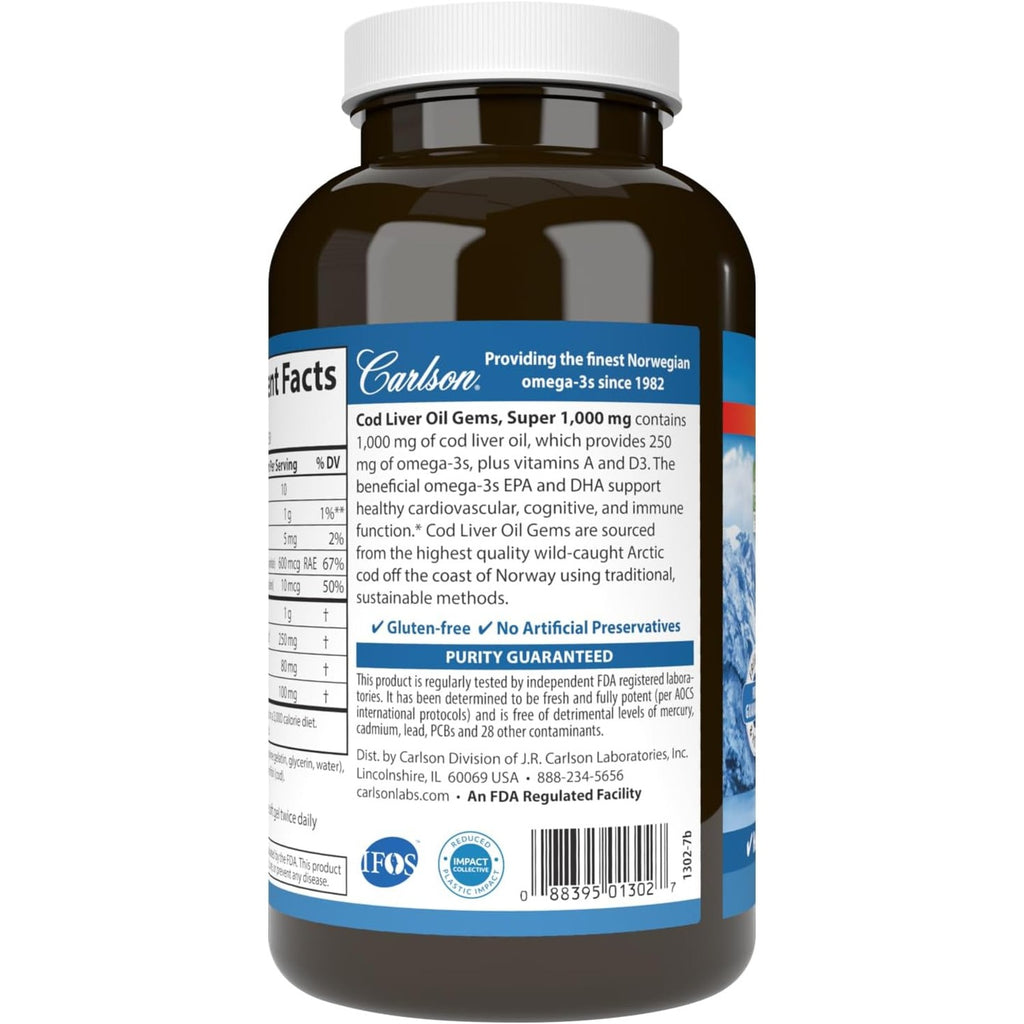 Carlson Labs Aceite de Hígado de Bacalao Super 1000 mg 250 Cápsulas Blandas
