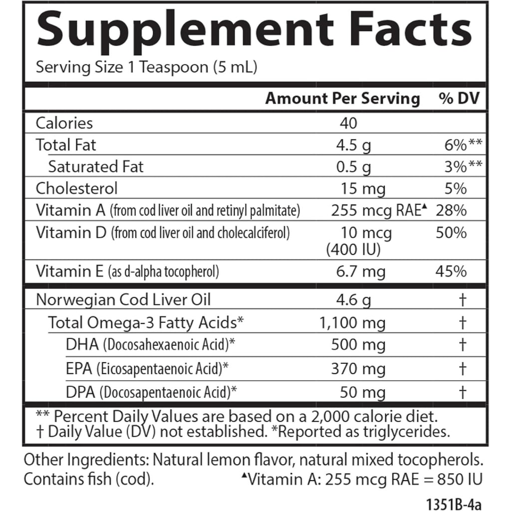 Carlson Labs Aceite de Hígado de Bacalao 1100 mg Omega-3 250 ml Sabor Limón