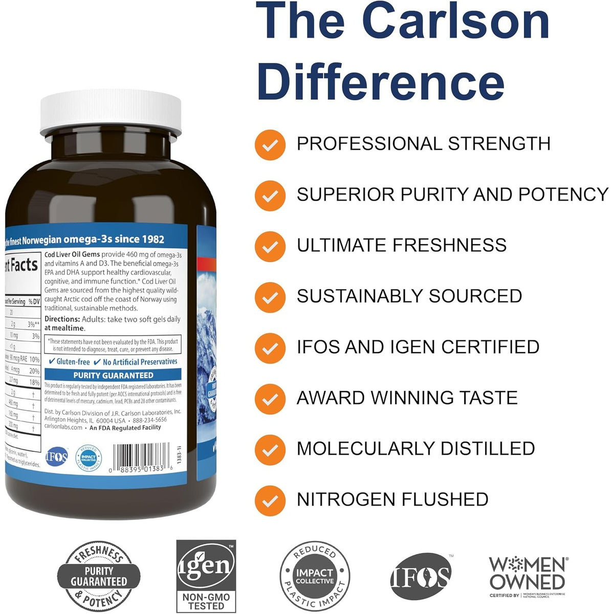 Carlson Labs Aceite de Hígado de Bacalao 230 mg Omega-3 300 Cápsulas Blandas Sabor Limón