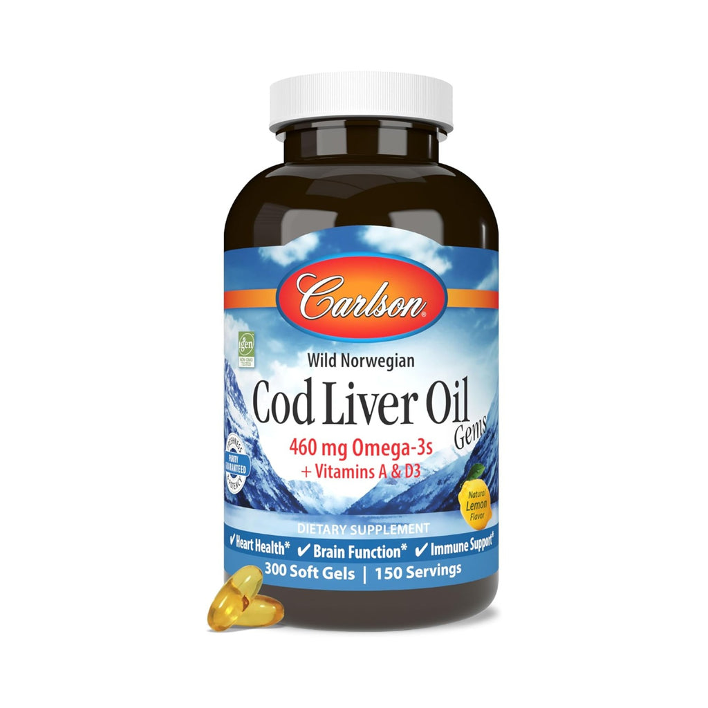 Carlson Labs Aceite de Hígado de Bacalao 230 mg Omega-3 300 Cápsulas Blandas Sabor Limón