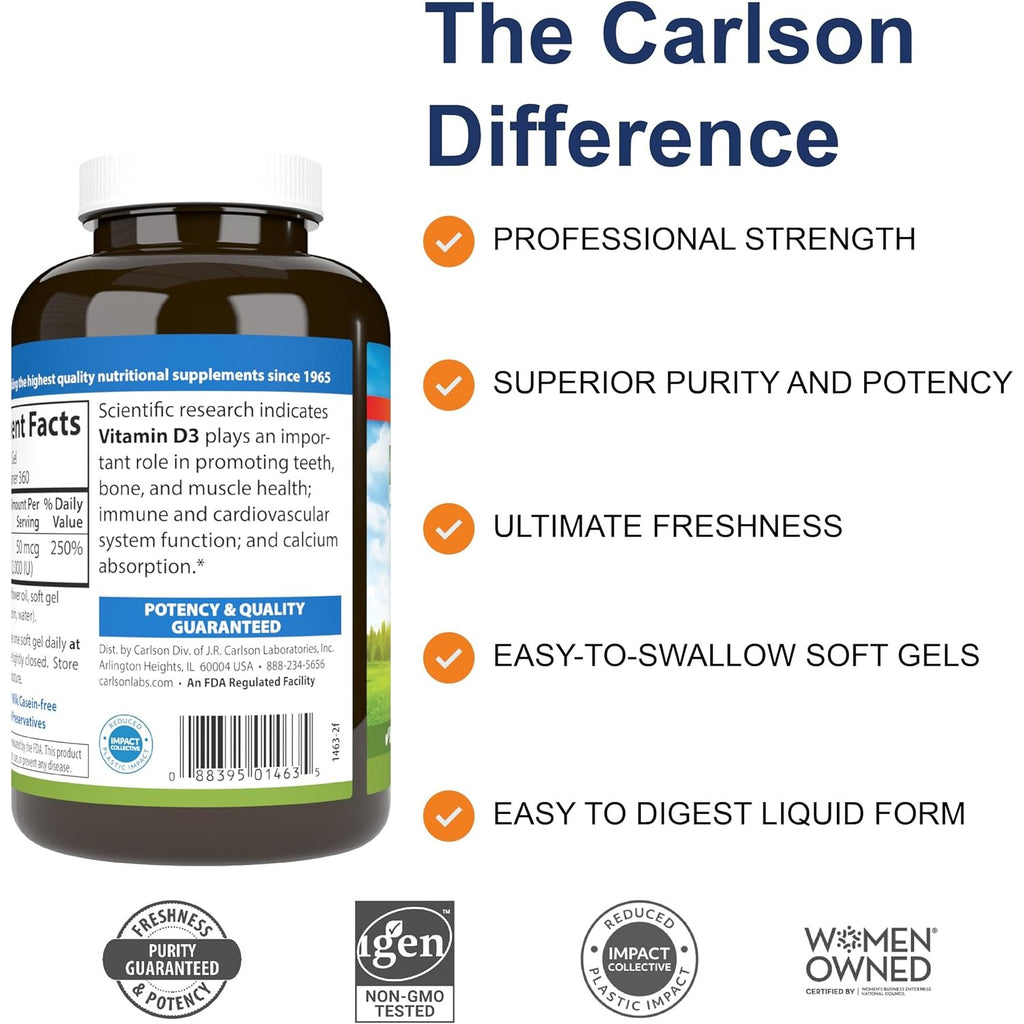 Carlson Labs Vitamina D3 2000 UI (50 mcg) 360 Cápsulas Blandas