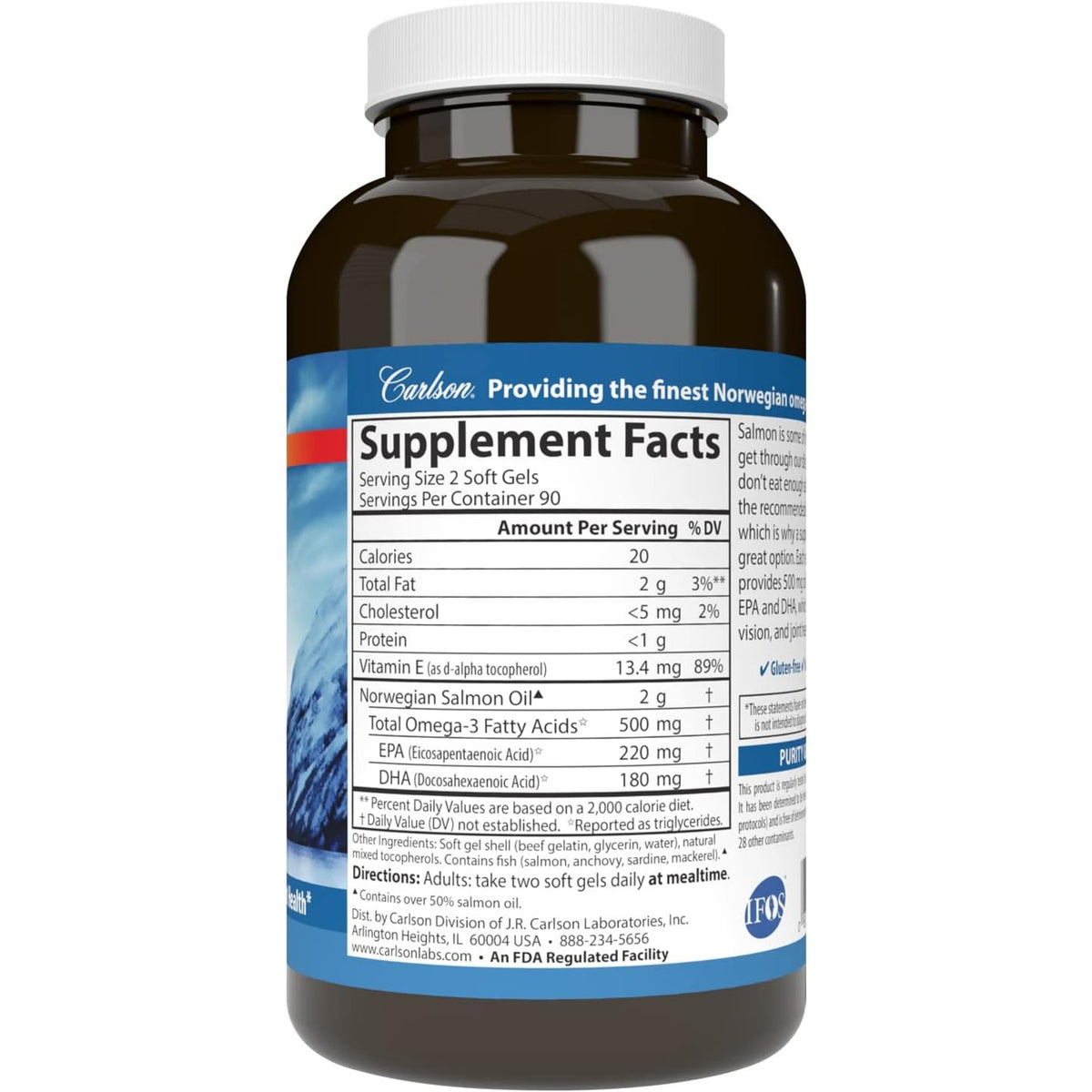 Carlson Labs Aceite de Salmón Noruego 500 mg Omega-3 180 Cápsulas Blandas