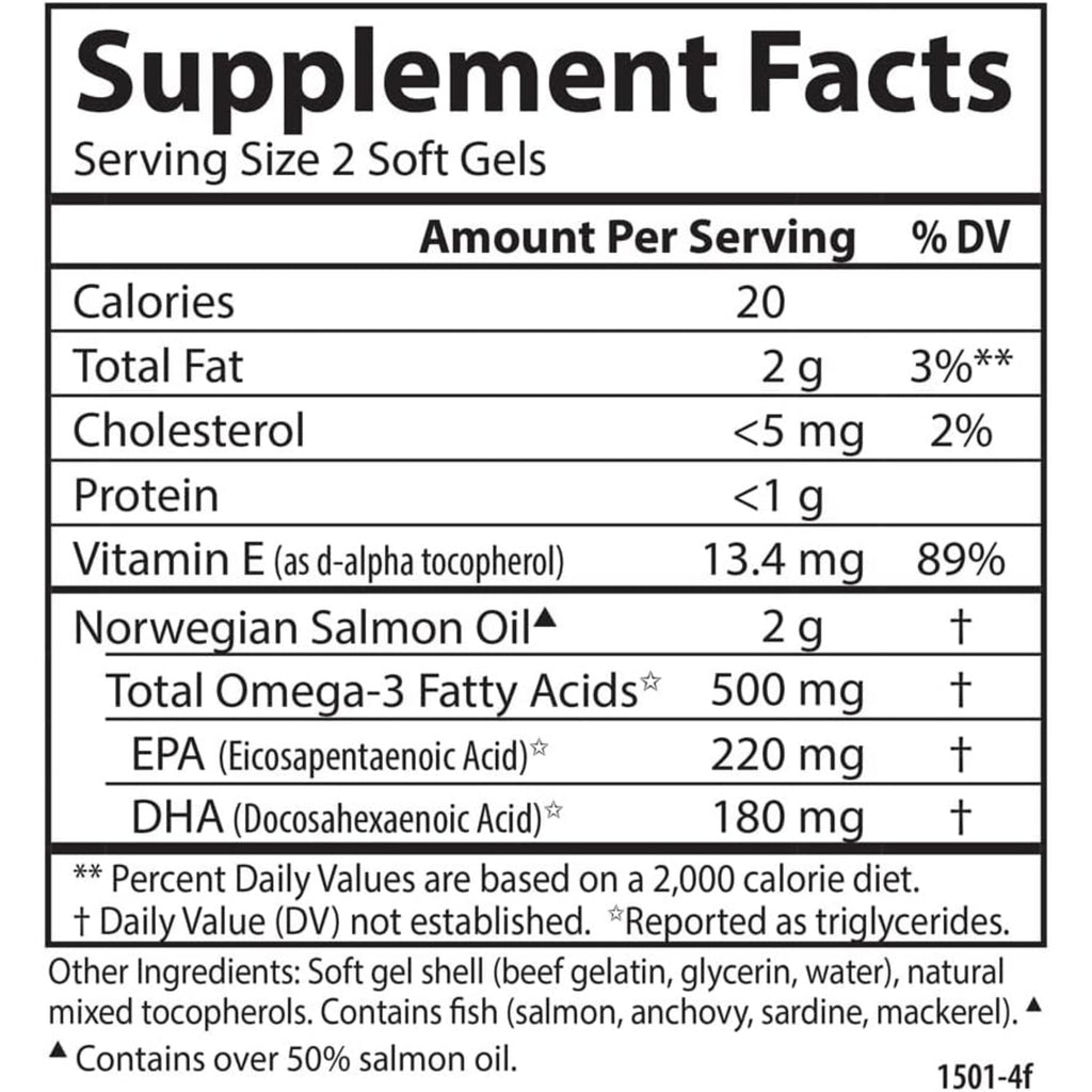 Carlson Labs Aceite de Salmón Noruego 500 mg Omega-3 180 Cápsulas Blandas