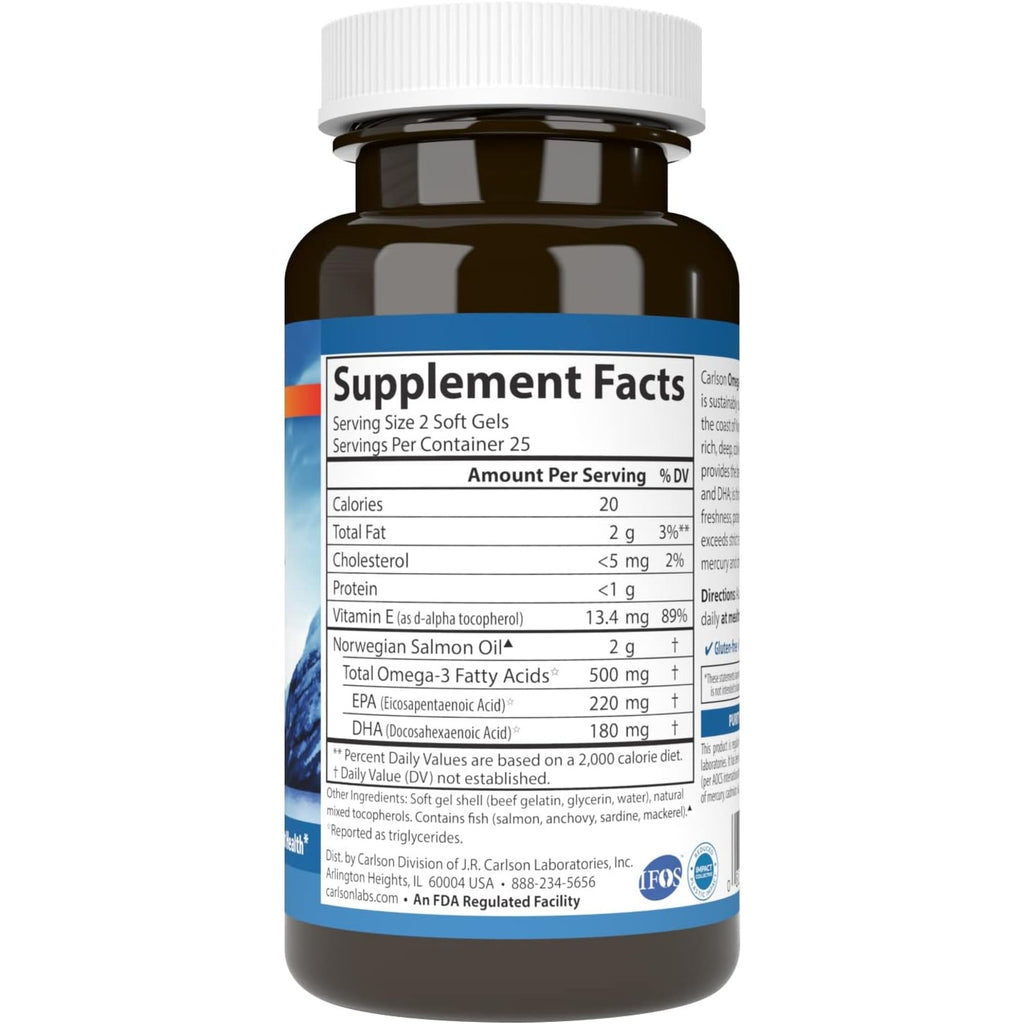 Carlson Labs Aceite de Salmón Noruego 500 mg Omega-3 50 Cápsulas Blandas
