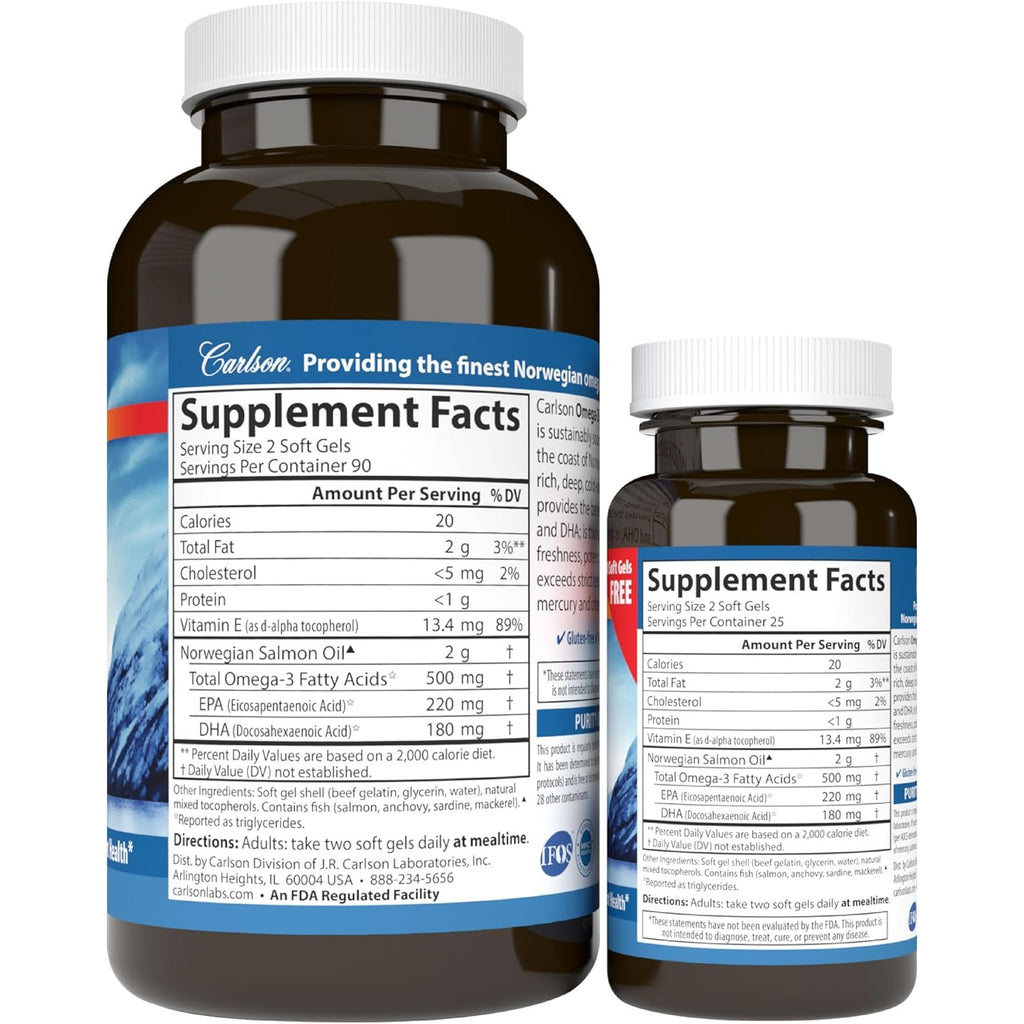 Carlson Labs Aceite de Salmón Noruego 500 mg Omega-3 180 + 50 Cápsulas Blandas