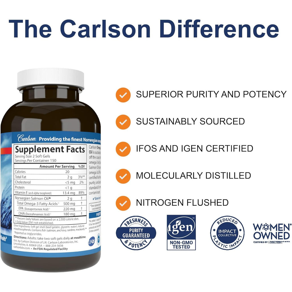 Carlson Labs Aceite de Salmón Noruego 500 mg Omega-3 300 Cápsulas Blandas