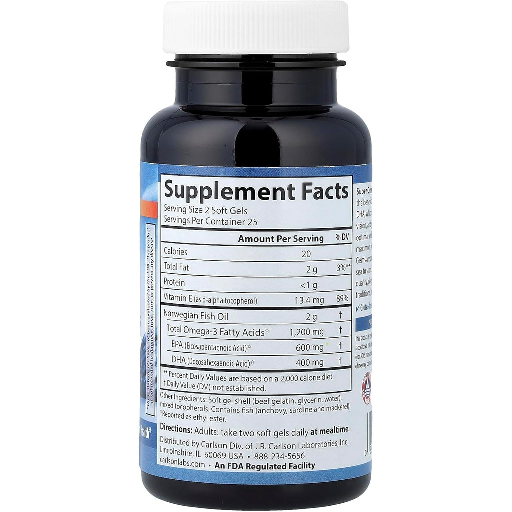 Carlson Labs Super Omega-3 Gems 1200 mg 50 Cápsulas Blandas