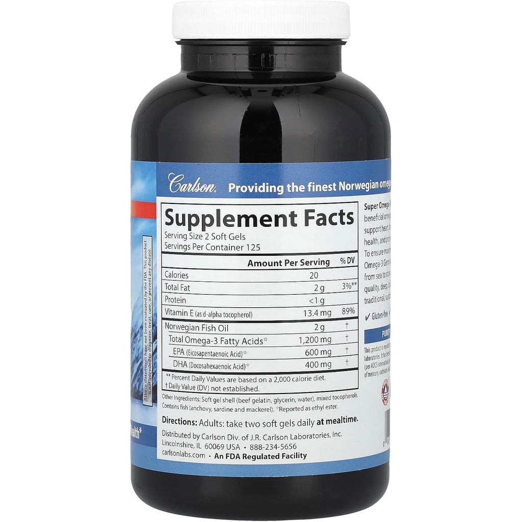 Carlson Labs Super Omega-3 Gems 1200 mg 250 Cápsulas Blandas