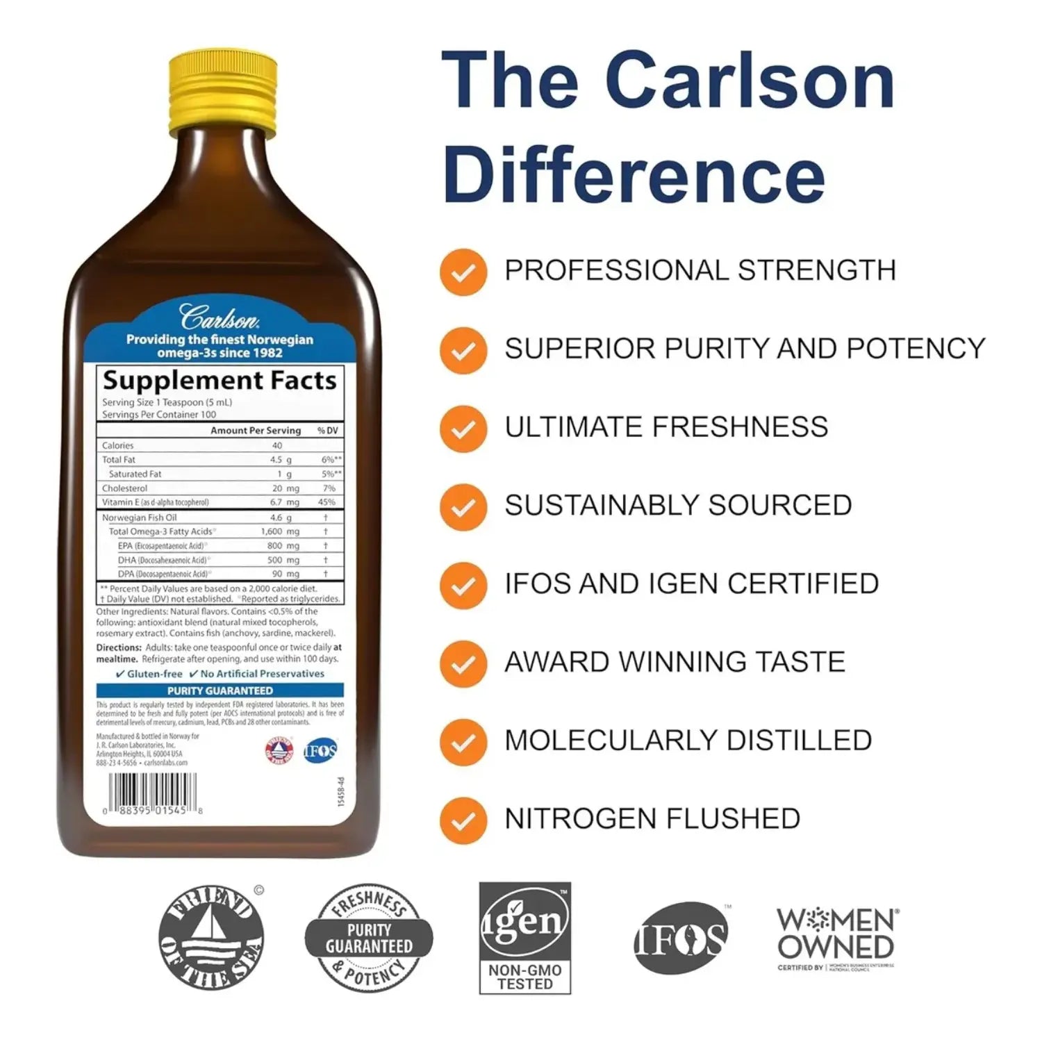 Carlson Labs Aceite De Pescado Omega 3, 1600 Mg 500 Ml Sfn