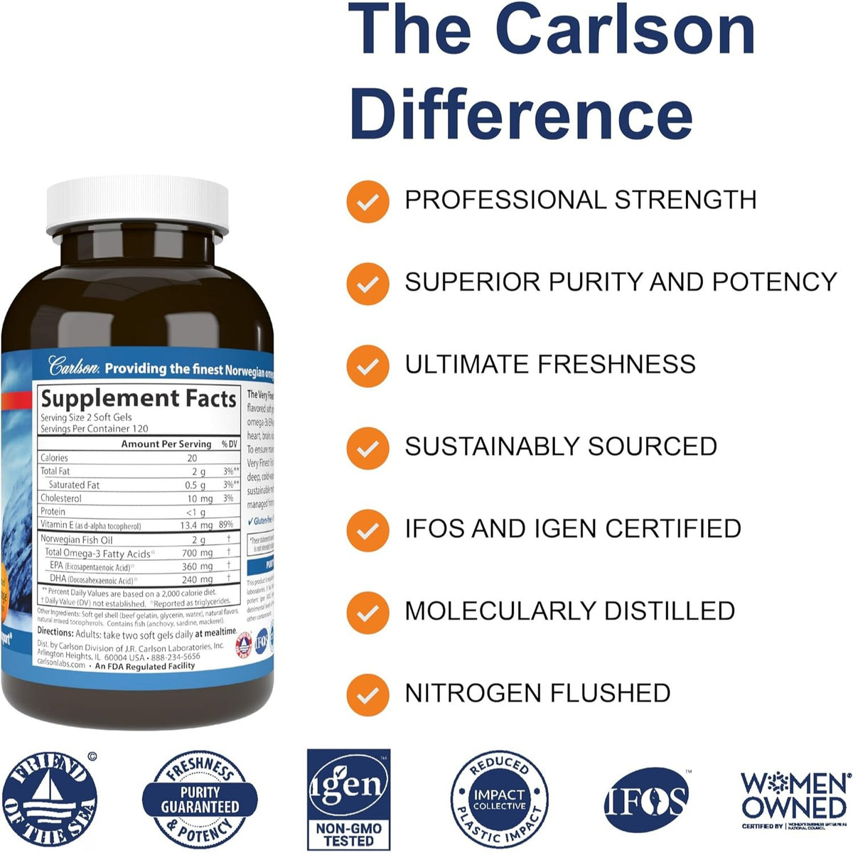Carlson Labs The Very Finest Fish Oil Aceite de Pescado 700 mg 240 Cápsulas Blandas Naranja