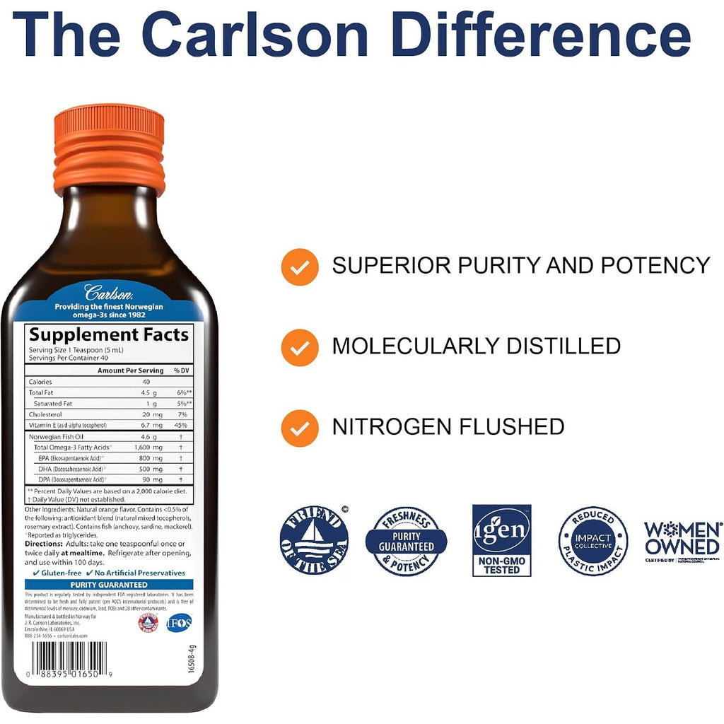 Carlson Labs The Very Finest Fish Oil Aceite de Pescado Líquido 1600 mg 200 ml Naranja