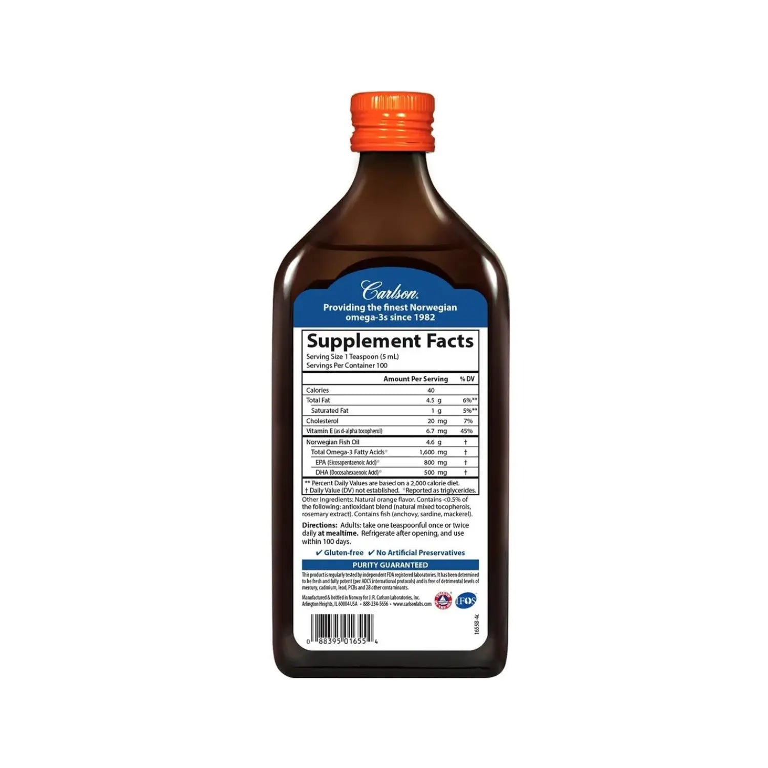Carlson Norwegian The Very Finest Aceite de pescado, naranja, 1600mg, Omega-3s, 500 ml