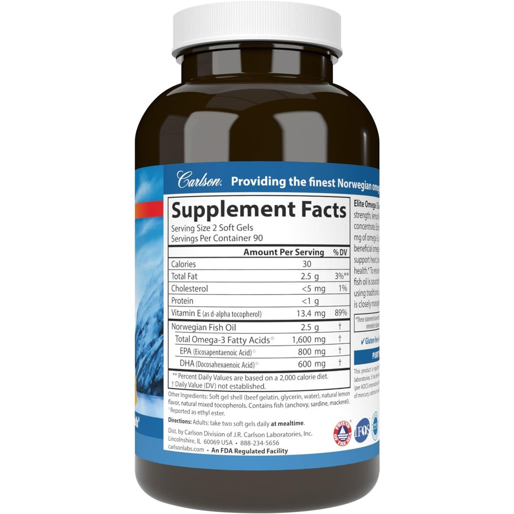 Carlson Labs Elite Omega-3 Gems 1600 mg 180 Cápsulas Blandas Limón