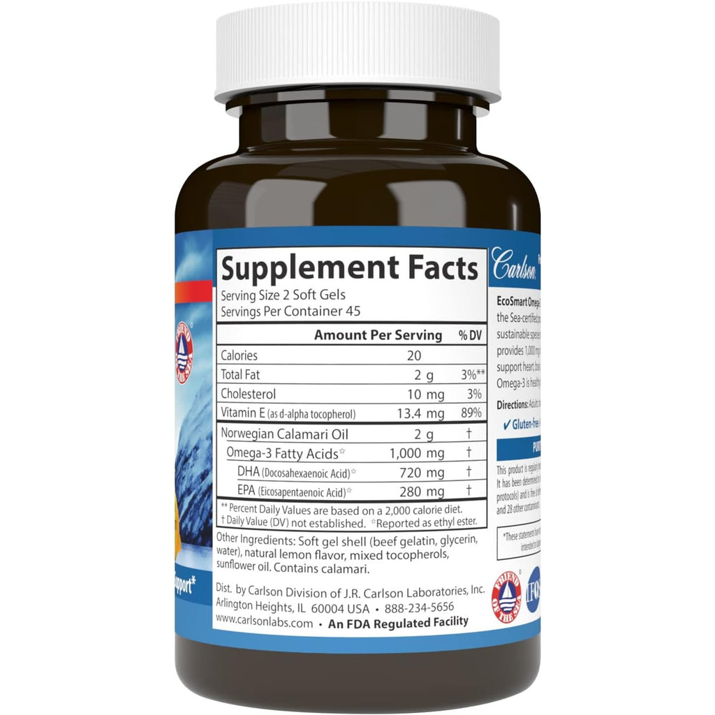 Carlson Labs EcoSmart Omega-3 Aceite de Calamar 1000 mg 90 Cápsulas Blandas Limón