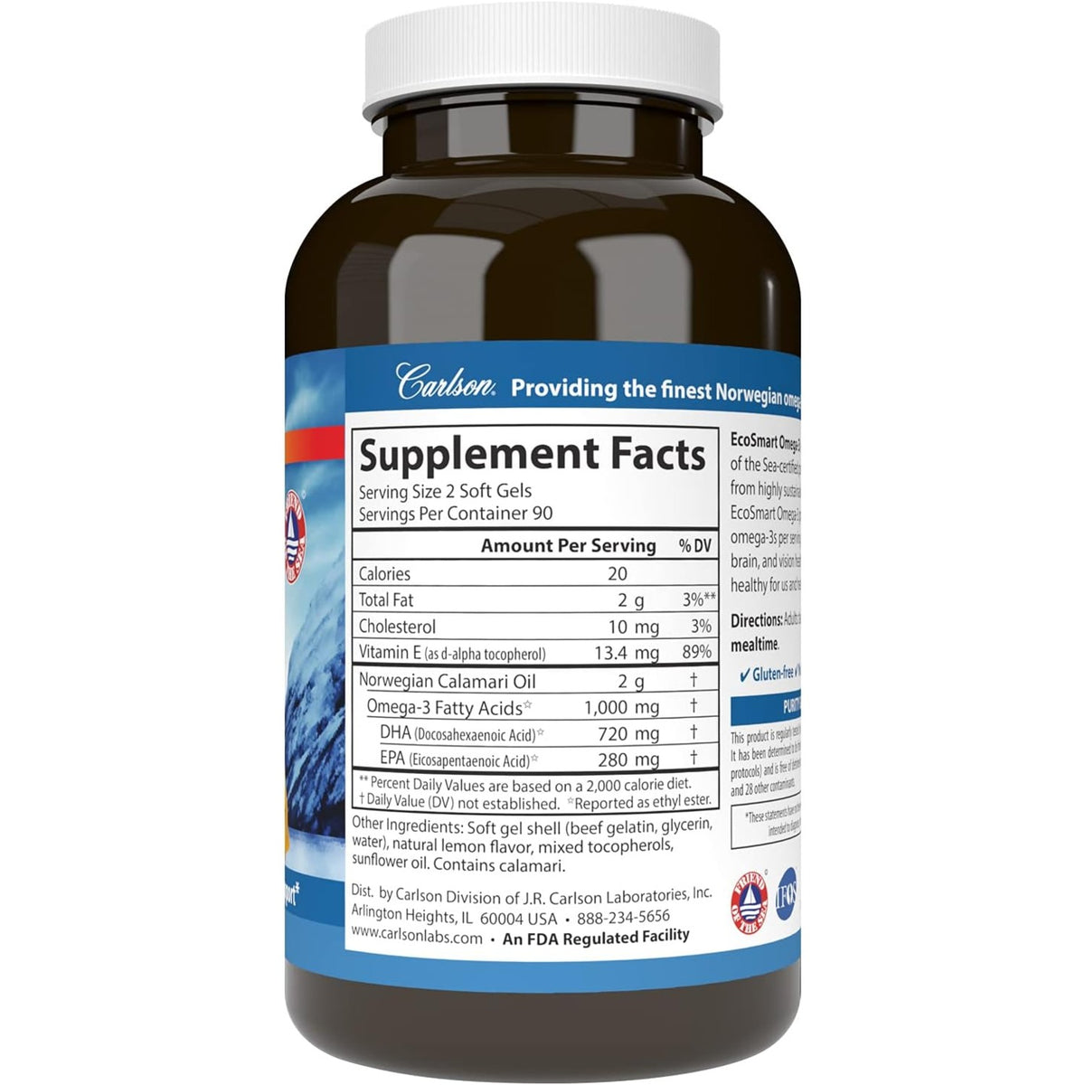Carlson Labs EcoSmart Omega-3 Aceite de Calamar 1000 mg 180 Cápsulas Blandas