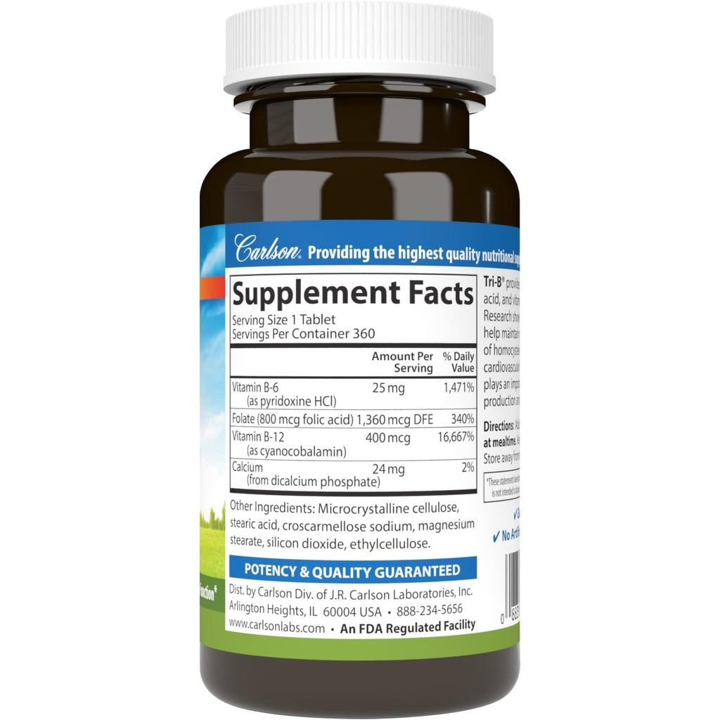 Carlson Labs Tri-B Vitaminas B6, B12 y Ácido Fólico 360 Tabletas
