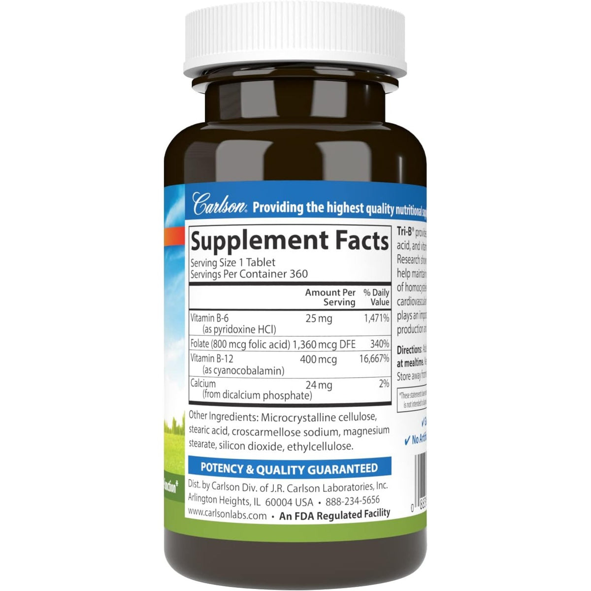 Carlson Labs Tri-B Vitaminas B6, B12 y Ácido Fólico 360 Tabletas