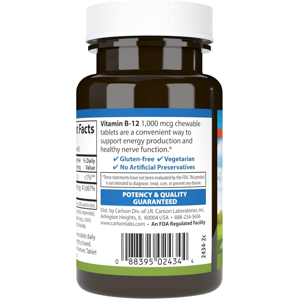 Carlson Labs Vitamina B12 1000 mcg 90 Tabletas Masticables Limón