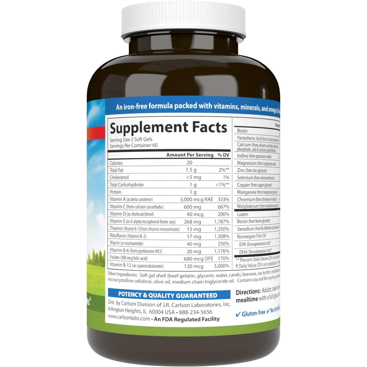 Carlson Labs Super 2 Daily Multivitamínico sin Hierro 120 Cápsulas Blandas
