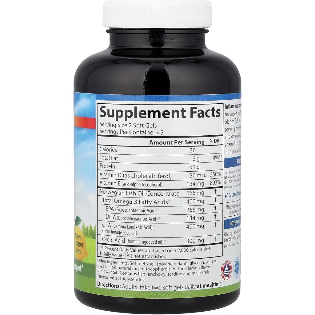 Carlson Labs Inflammation Balance Omega 3 y 6 90 Cápsulas Blandas
