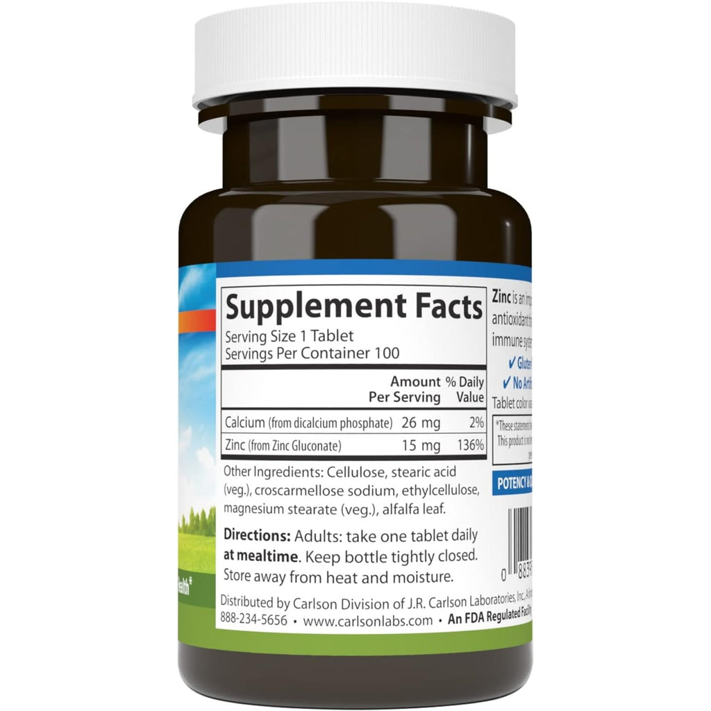 Carlson Labs Zinc 15 mg 100 Tabletas